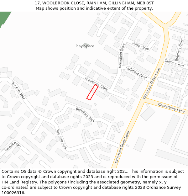 17, WOOLBROOK CLOSE, RAINHAM, GILLINGHAM, ME8 8ST: Location map and indicative extent of plot