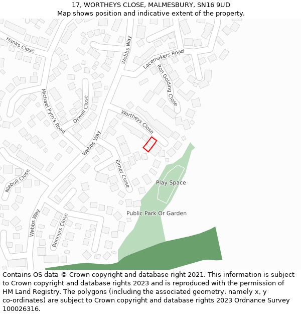 17, WORTHEYS CLOSE, MALMESBURY, SN16 9UD: Location map and indicative extent of plot