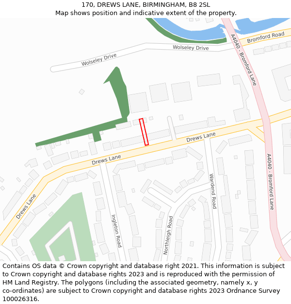 170, DREWS LANE, BIRMINGHAM, B8 2SL: Location map and indicative extent of plot