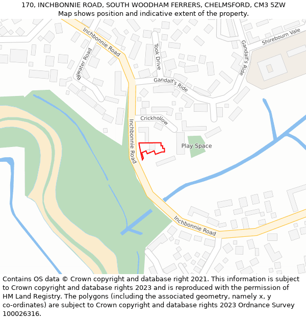 170, INCHBONNIE ROAD, SOUTH WOODHAM FERRERS, CHELMSFORD, CM3 5ZW: Location map and indicative extent of plot