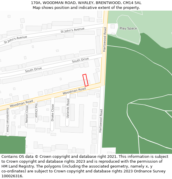 170A, WOODMAN ROAD, WARLEY, BRENTWOOD, CM14 5AL: Location map and indicative extent of plot