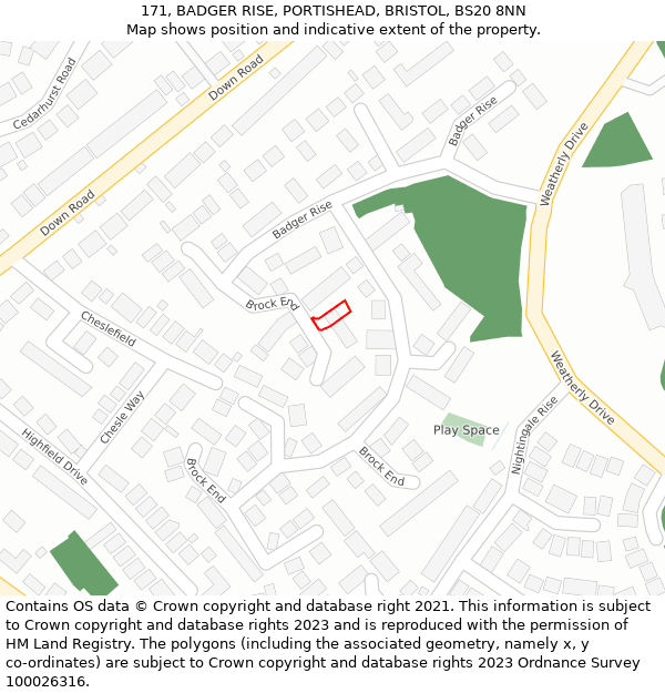 171, BADGER RISE, PORTISHEAD, BRISTOL, BS20 8NN: Location map and indicative extent of plot