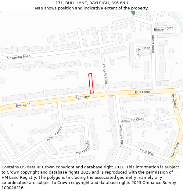 171, BULL LANE, RAYLEIGH, SS6 8NU: Location map and indicative extent of plot