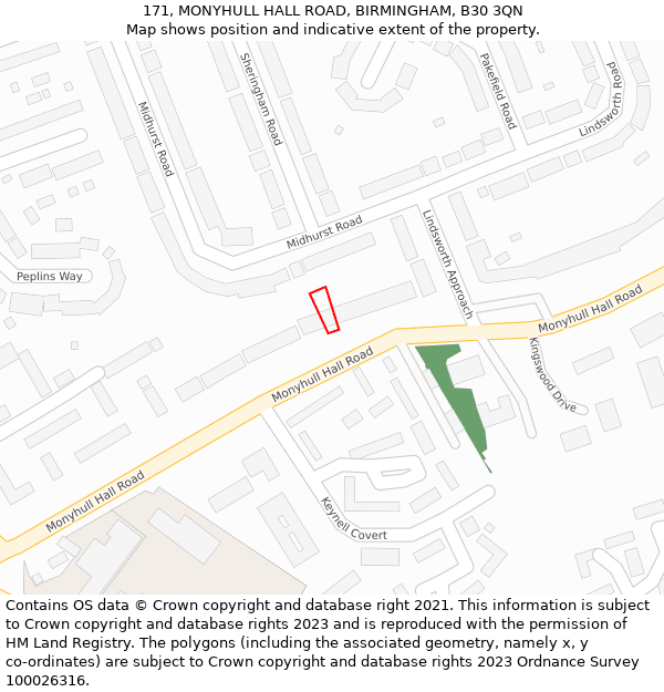 171, MONYHULL HALL ROAD, BIRMINGHAM, B30 3QN: Location map and indicative extent of plot