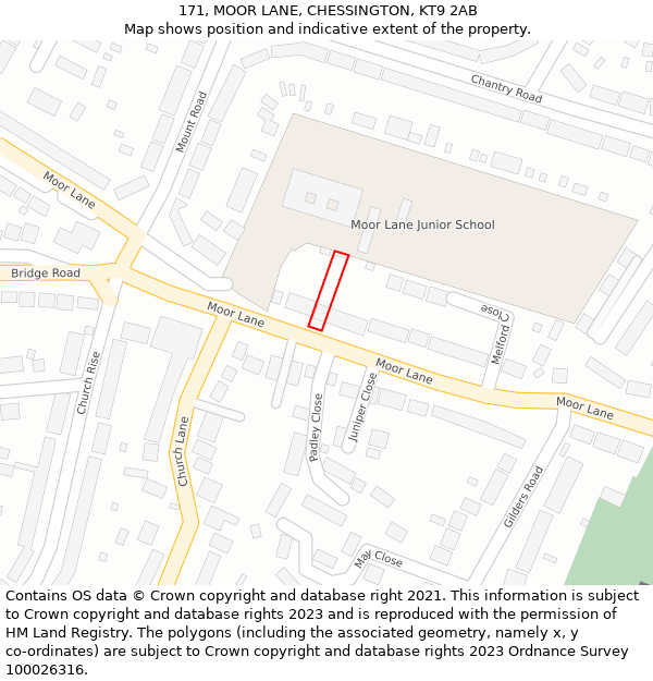 171, MOOR LANE, CHESSINGTON, KT9 2AB: Location map and indicative extent of plot