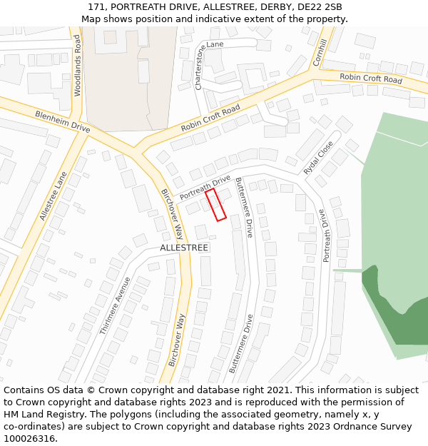 171, PORTREATH DRIVE, ALLESTREE, DERBY, DE22 2SB: Location map and indicative extent of plot