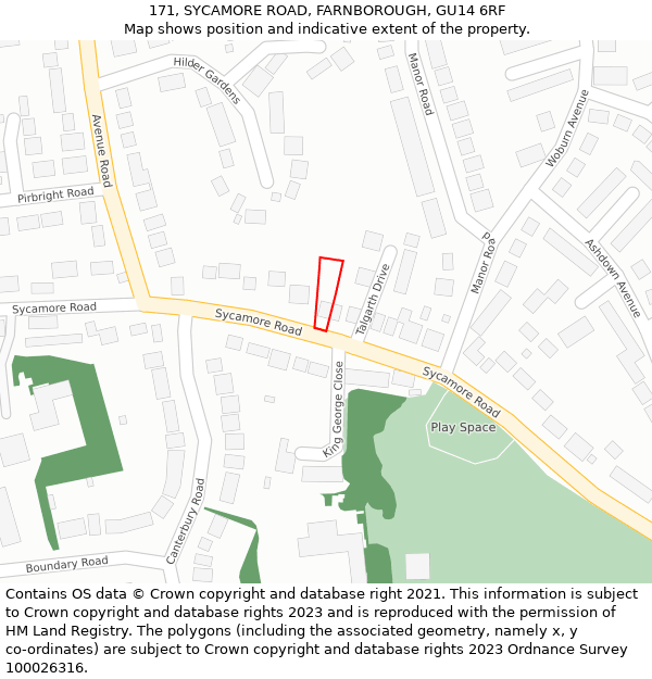 171, SYCAMORE ROAD, FARNBOROUGH, GU14 6RF: Location map and indicative extent of plot