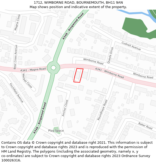 1712, WIMBORNE ROAD, BOURNEMOUTH, BH11 9AN: Location map and indicative extent of plot