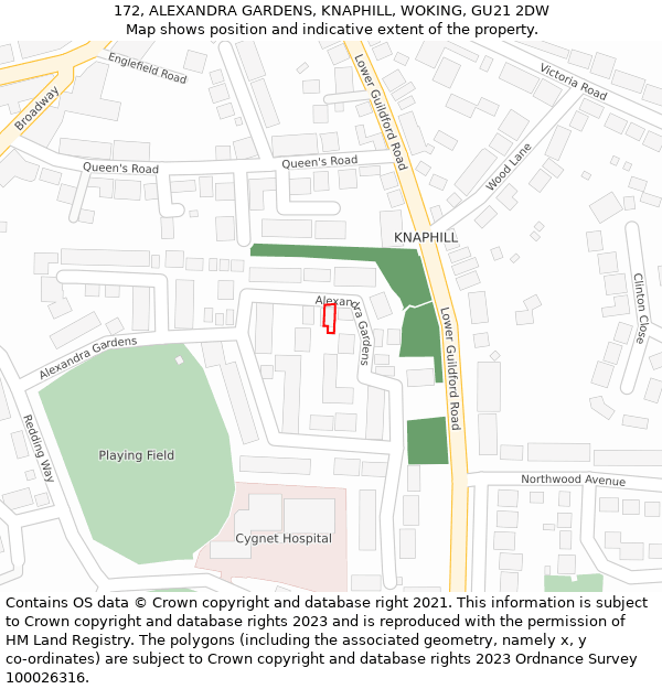 172, ALEXANDRA GARDENS, KNAPHILL, WOKING, GU21 2DW: Location map and indicative extent of plot