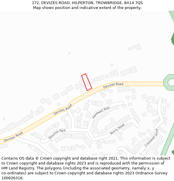 172, DEVIZES ROAD, HILPERTON, TROWBRIDGE, BA14 7QS: Location map and indicative extent of plot