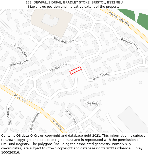 172, DEWFALLS DRIVE, BRADLEY STOKE, BRISTOL, BS32 9BU: Location map and indicative extent of plot