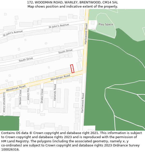 172, WOODMAN ROAD, WARLEY, BRENTWOOD, CM14 5AL: Location map and indicative extent of plot
