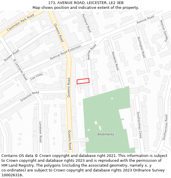 173, AVENUE ROAD, LEICESTER, LE2 3EB: Location map and indicative extent of plot