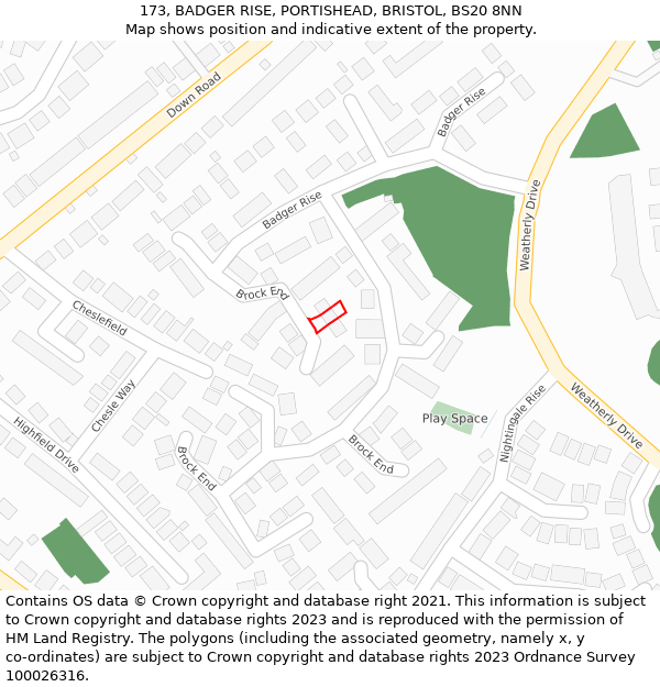173, BADGER RISE, PORTISHEAD, BRISTOL, BS20 8NN: Location map and indicative extent of plot
