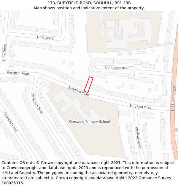173, BURYFIELD ROAD, SOLIHULL, B91 2BB: Location map and indicative extent of plot