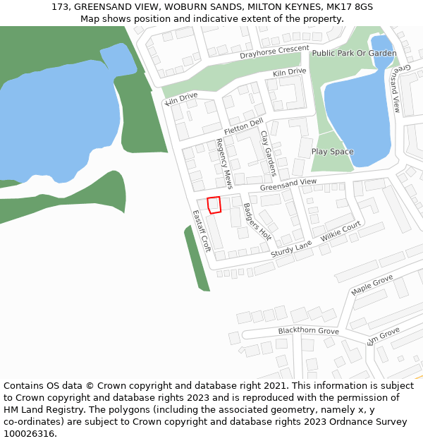 173, GREENSAND VIEW, WOBURN SANDS, MILTON KEYNES, MK17 8GS: Location map and indicative extent of plot