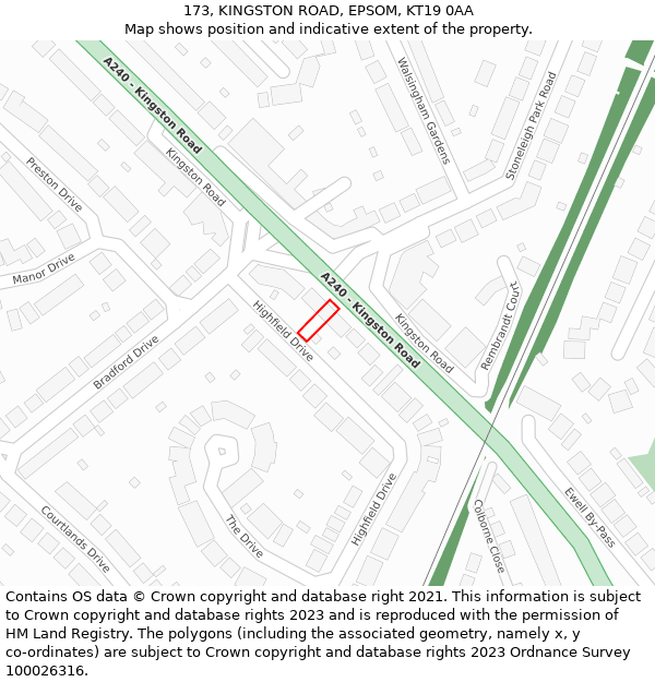 173, KINGSTON ROAD, EPSOM, KT19 0AA: Location map and indicative extent of plot