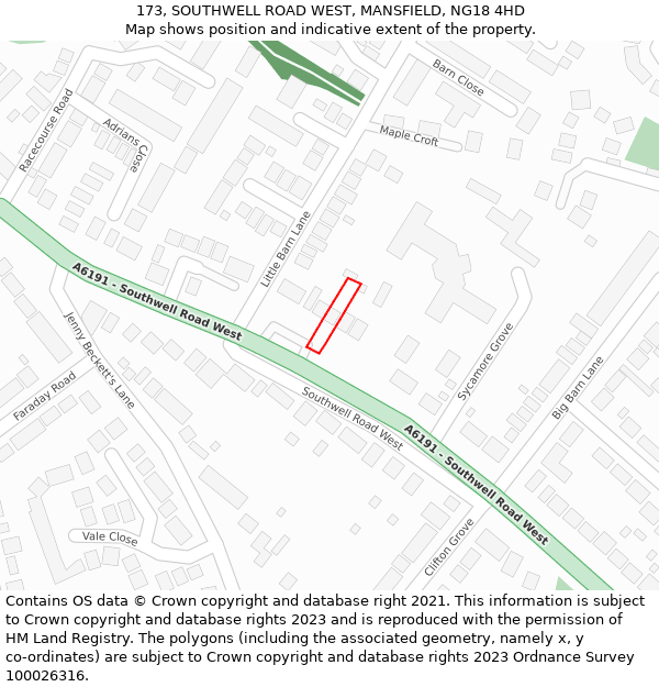 173, SOUTHWELL ROAD WEST, MANSFIELD, NG18 4HD: Location map and indicative extent of plot