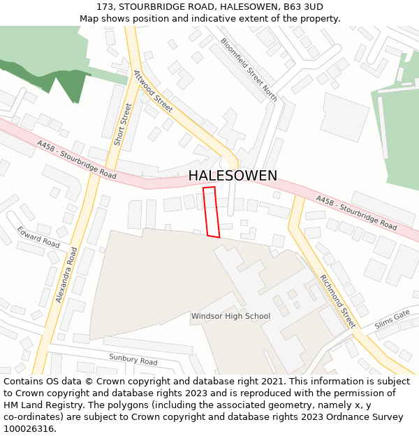 173, STOURBRIDGE ROAD, HALESOWEN, B63 3UD: Location map and indicative extent of plot