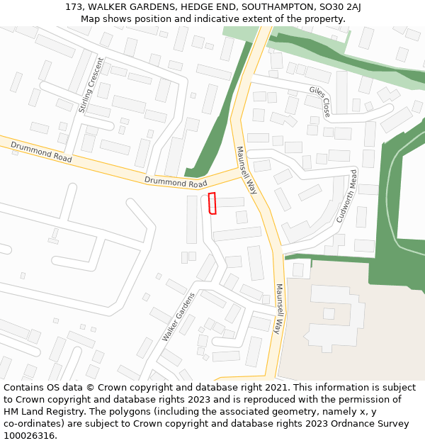 173, WALKER GARDENS, HEDGE END, SOUTHAMPTON, SO30 2AJ: Location map and indicative extent of plot