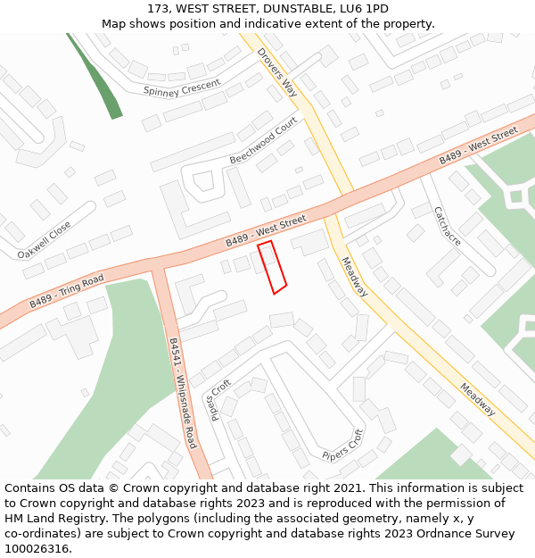 173, WEST STREET, DUNSTABLE, LU6 1PD: Location map and indicative extent of plot