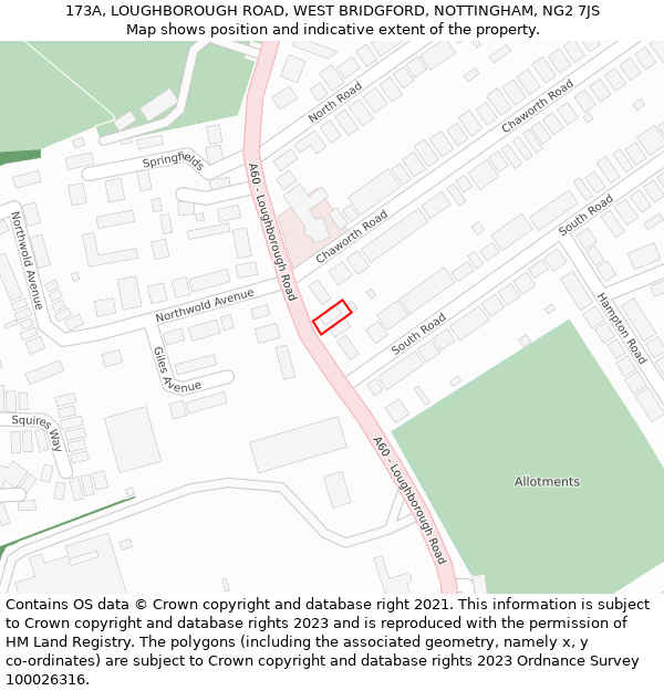173A, LOUGHBOROUGH ROAD, WEST BRIDGFORD, NOTTINGHAM, NG2 7JS: Location map and indicative extent of plot
