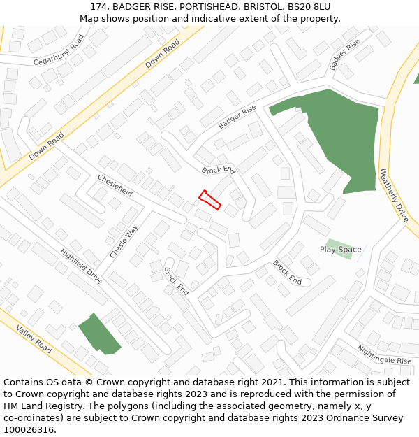 174, BADGER RISE, PORTISHEAD, BRISTOL, BS20 8LU: Location map and indicative extent of plot
