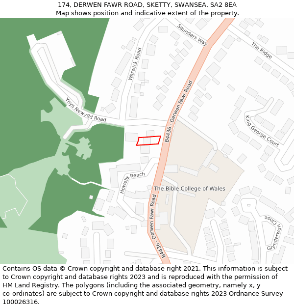 174, DERWEN FAWR ROAD, SKETTY, SWANSEA, SA2 8EA: Location map and indicative extent of plot