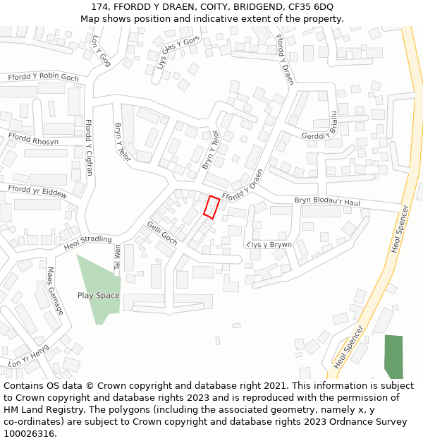 174, FFORDD Y DRAEN, COITY, BRIDGEND, CF35 6DQ: Location map and indicative extent of plot