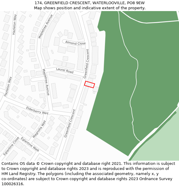 174, GREENFIELD CRESCENT, WATERLOOVILLE, PO8 9EW: Location map and indicative extent of plot