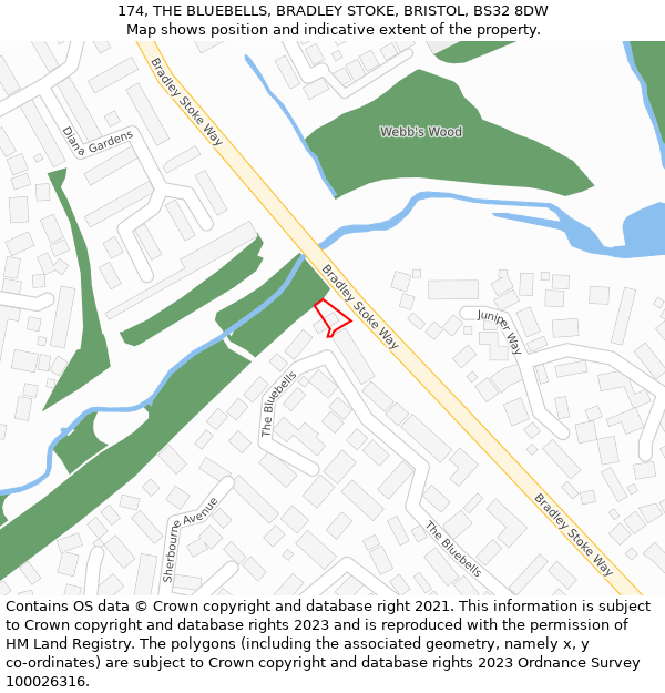 174, THE BLUEBELLS, BRADLEY STOKE, BRISTOL, BS32 8DW: Location map and indicative extent of plot