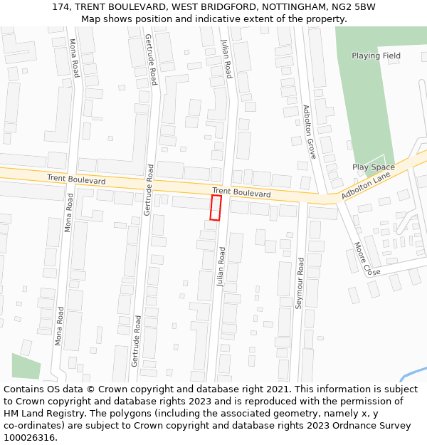 174, TRENT BOULEVARD, WEST BRIDGFORD, NOTTINGHAM, NG2 5BW: Location map and indicative extent of plot