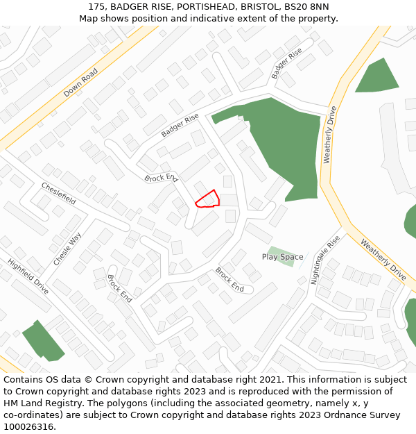 175, BADGER RISE, PORTISHEAD, BRISTOL, BS20 8NN: Location map and indicative extent of plot
