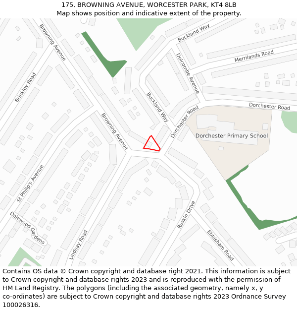 175, BROWNING AVENUE, WORCESTER PARK, KT4 8LB: Location map and indicative extent of plot