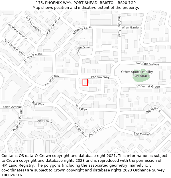 175, PHOENIX WAY, PORTISHEAD, BRISTOL, BS20 7GP: Location map and indicative extent of plot