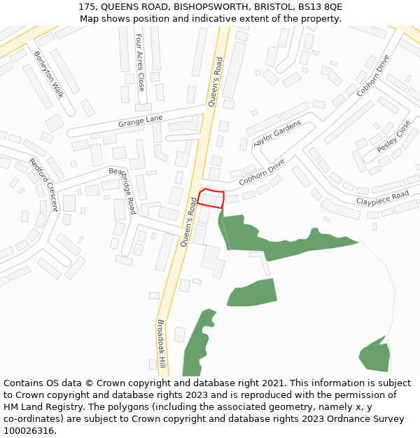 175, QUEENS ROAD, BISHOPSWORTH, BRISTOL, BS13 8QE: Location map and indicative extent of plot