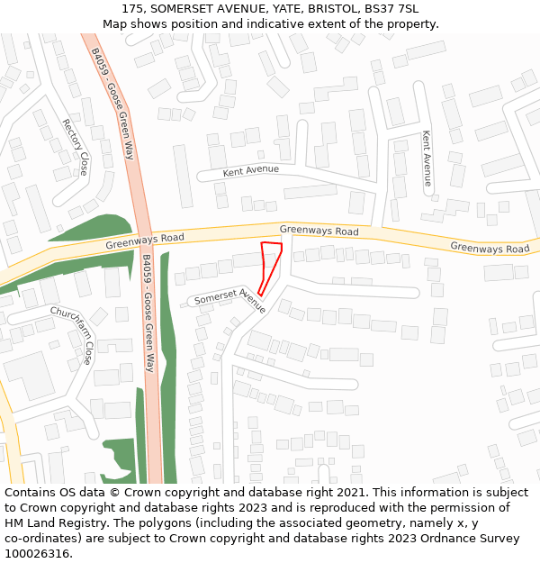 175, SOMERSET AVENUE, YATE, BRISTOL, BS37 7SL: Location map and indicative extent of plot