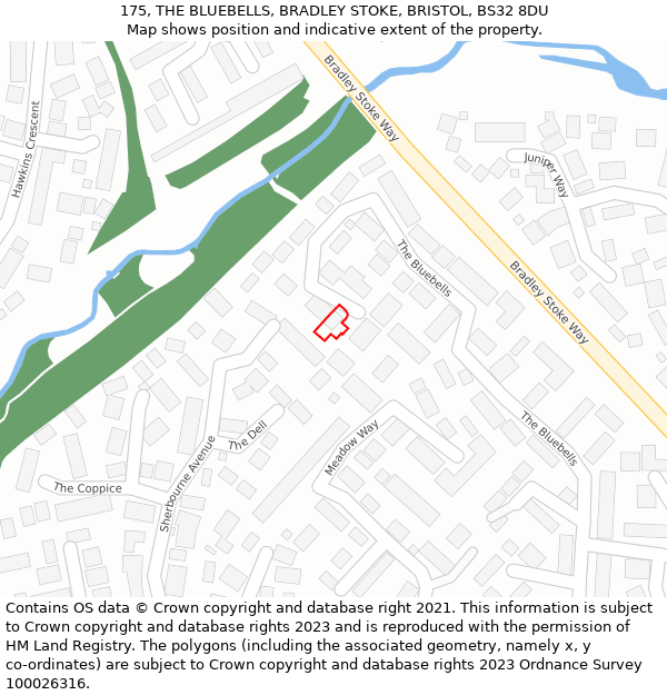 175, THE BLUEBELLS, BRADLEY STOKE, BRISTOL, BS32 8DU: Location map and indicative extent of plot