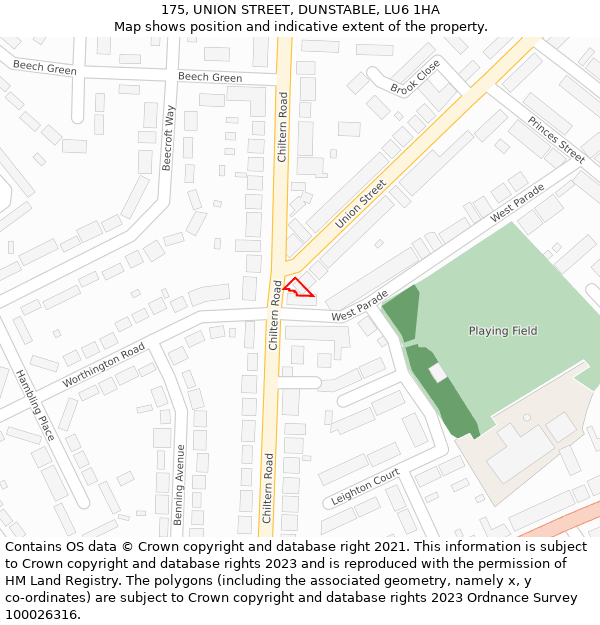 175, UNION STREET, DUNSTABLE, LU6 1HA: Location map and indicative extent of plot