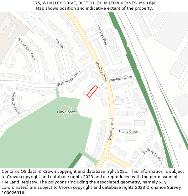 175, WHALLEY DRIVE, BLETCHLEY, MILTON KEYNES, MK3 6JA: Location map and indicative extent of plot
