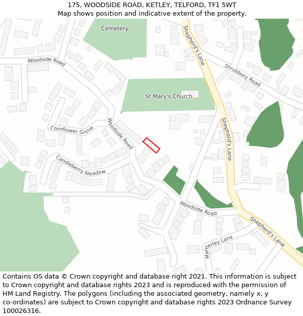 175, WOODSIDE ROAD, KETLEY, TELFORD, TF1 5WT: Location map and indicative extent of plot