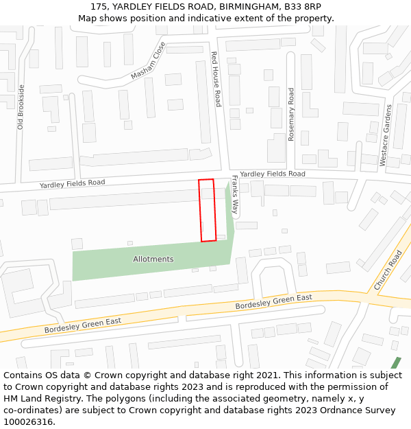 175, YARDLEY FIELDS ROAD, BIRMINGHAM, B33 8RP: Location map and indicative extent of plot