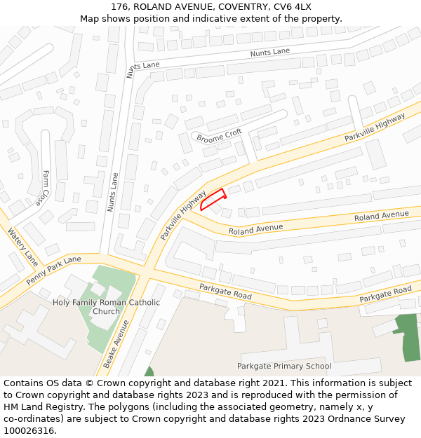 176, ROLAND AVENUE, COVENTRY, CV6 4LX: Location map and indicative extent of plot