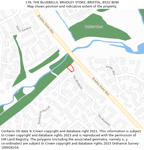 176, THE BLUEBELLS, BRADLEY STOKE, BRISTOL, BS32 8DW: Location map and indicative extent of plot