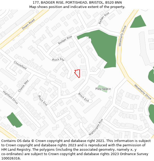 177, BADGER RISE, PORTISHEAD, BRISTOL, BS20 8NN: Location map and indicative extent of plot