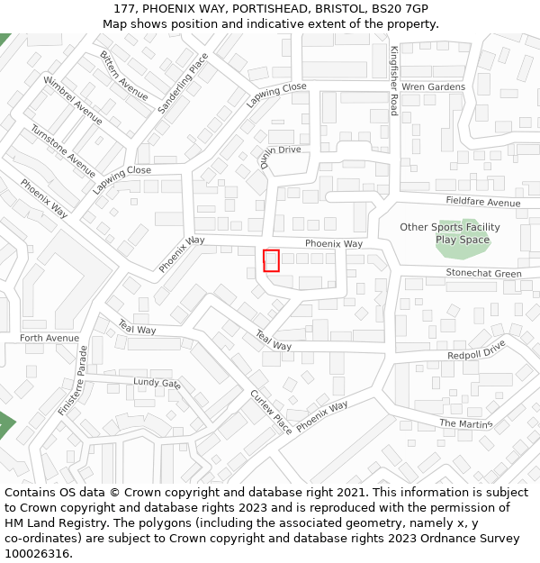 177, PHOENIX WAY, PORTISHEAD, BRISTOL, BS20 7GP: Location map and indicative extent of plot