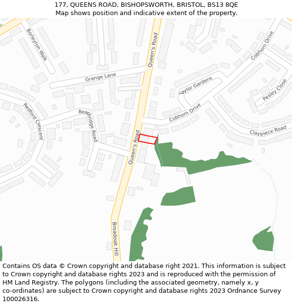 177, QUEENS ROAD, BISHOPSWORTH, BRISTOL, BS13 8QE: Location map and indicative extent of plot