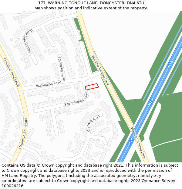 177, WARNING TONGUE LANE, DONCASTER, DN4 6TU: Location map and indicative extent of plot