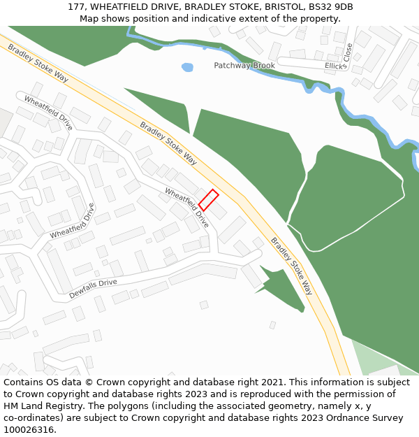 177, WHEATFIELD DRIVE, BRADLEY STOKE, BRISTOL, BS32 9DB: Location map and indicative extent of plot