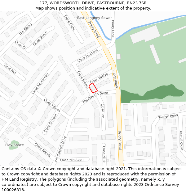 177, WORDSWORTH DRIVE, EASTBOURNE, BN23 7SR: Location map and indicative extent of plot